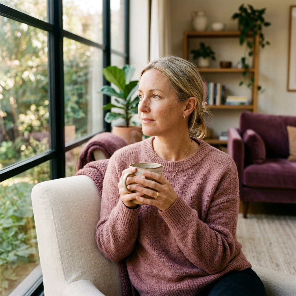 Woman resting comfortably in natural light with tea